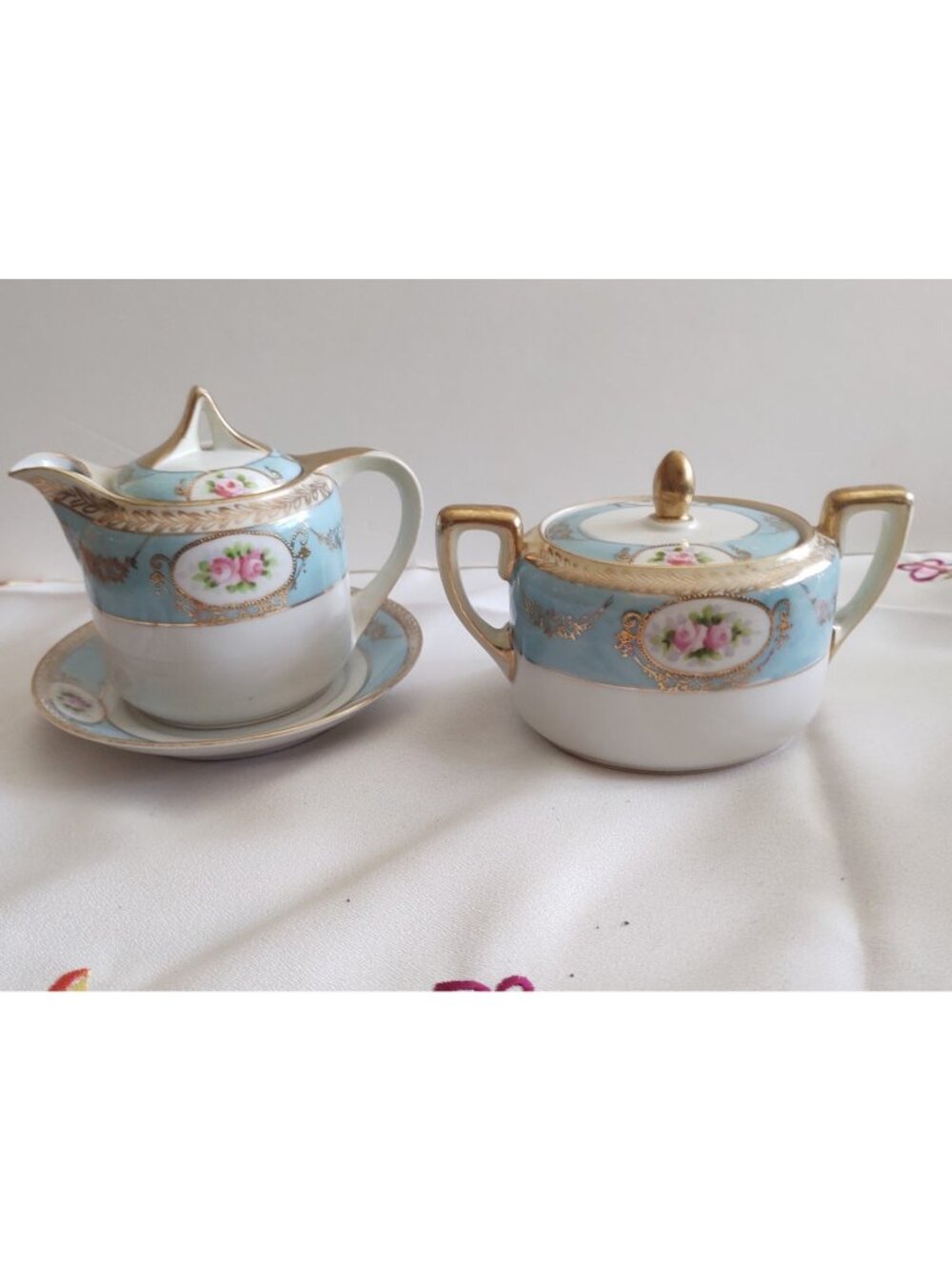 Antique Nippon Hand Painted Lidded Creamer with Saucer & Lidded Sugar Bowl